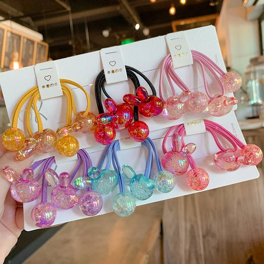 2PCS Set Solid Color Transparent Bubble Rabbit Head Ball Long Elastic Hair Band For Girl Cute Simple Fairy Ponytail Rubber Ties